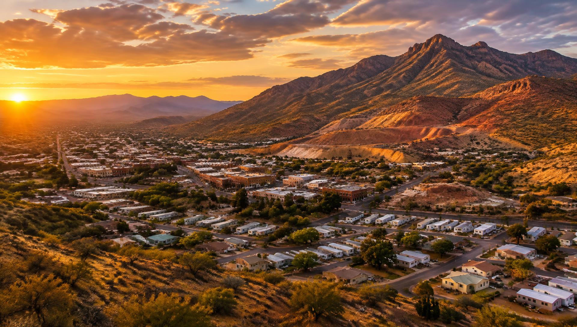 Aerial view of Globe, Arizona at sunset, with the Pinal Mountains behind the town